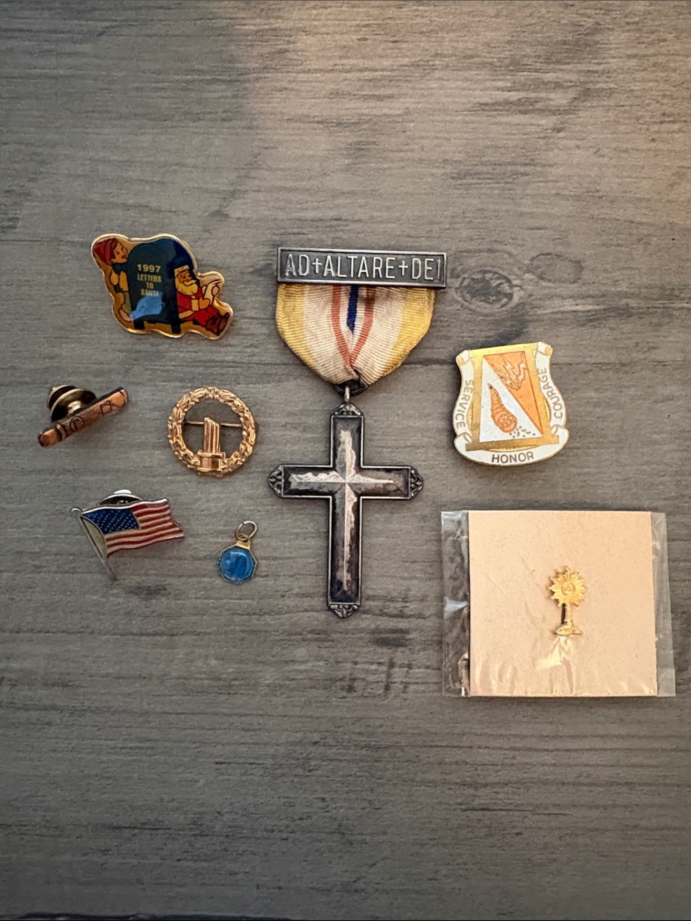 Vintage Religious Cross Medal with Ribbon - Silver & Ivory
